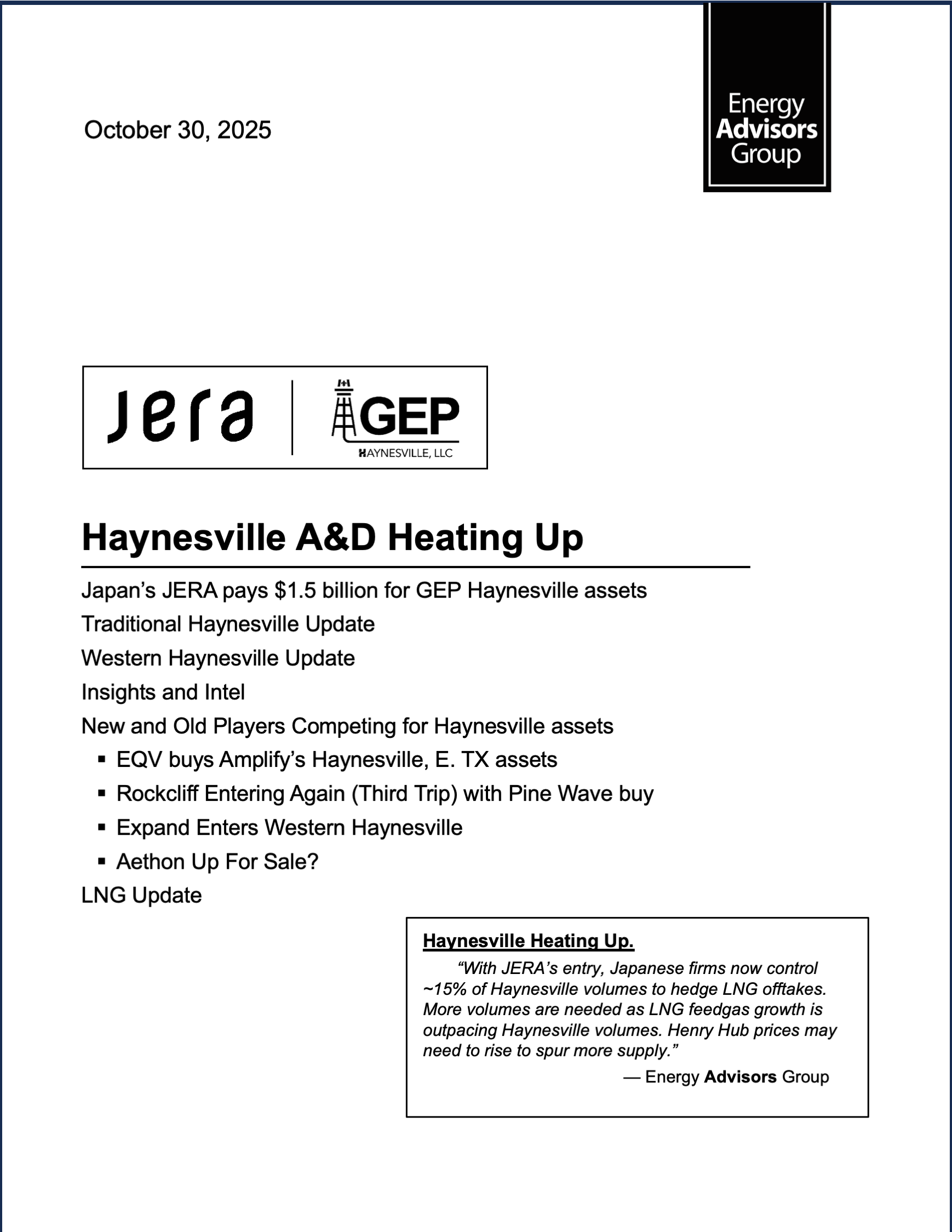 HAYNESVILLE DEAL ALERT - Energy Advisors Group HAYNESVILLE DEAL ALERT